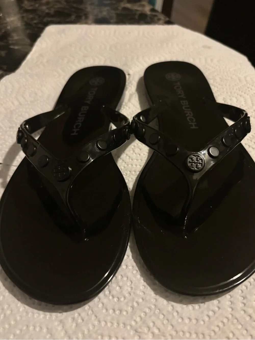 Tory Burch Black Jelly Logo Stud Thong Sandals